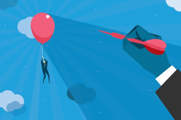 cartoon of someone floating in the air with a pink balloon