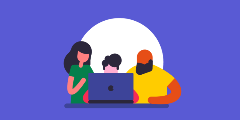 This is an illustrated image of three people monitoring project success criteria while crowded around a single laptop. The image has a purple background.