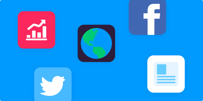 fondo azul con logotipos de twitter y facebook, e ilustraciones