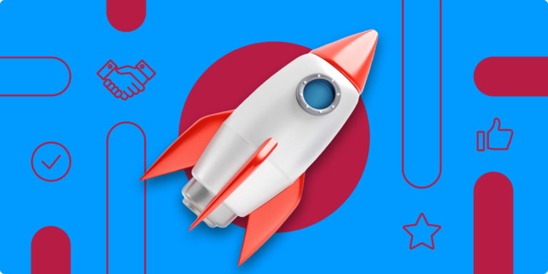 Fast tracking rocketship with blue background