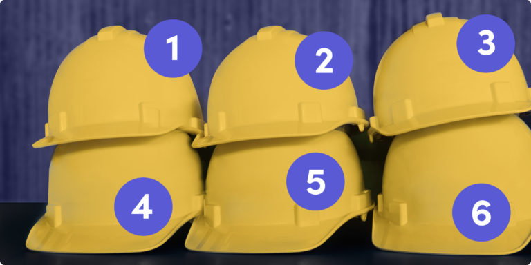 6 construction hats, numbered 1-6