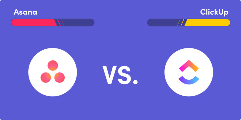 ClickUp vs. Asana brand logos on a purple background to illustrate a comparison article.