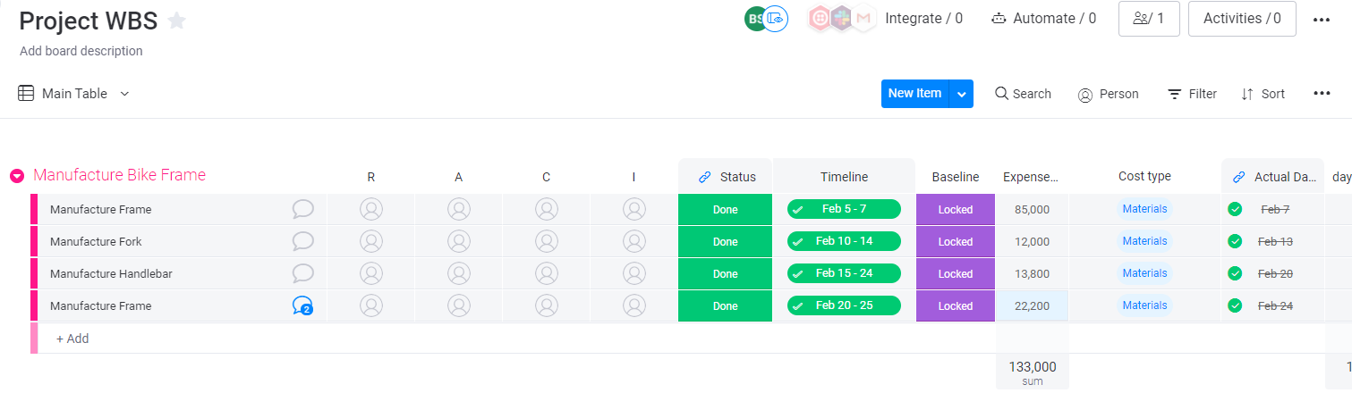 Project WBS plan example in monday UI.