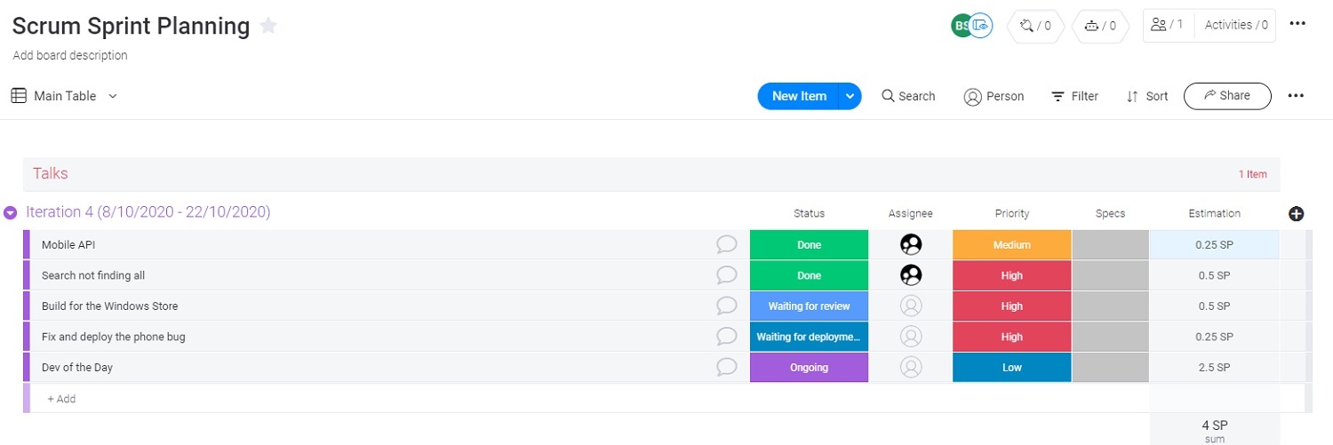 Scrum board example in monday UI.