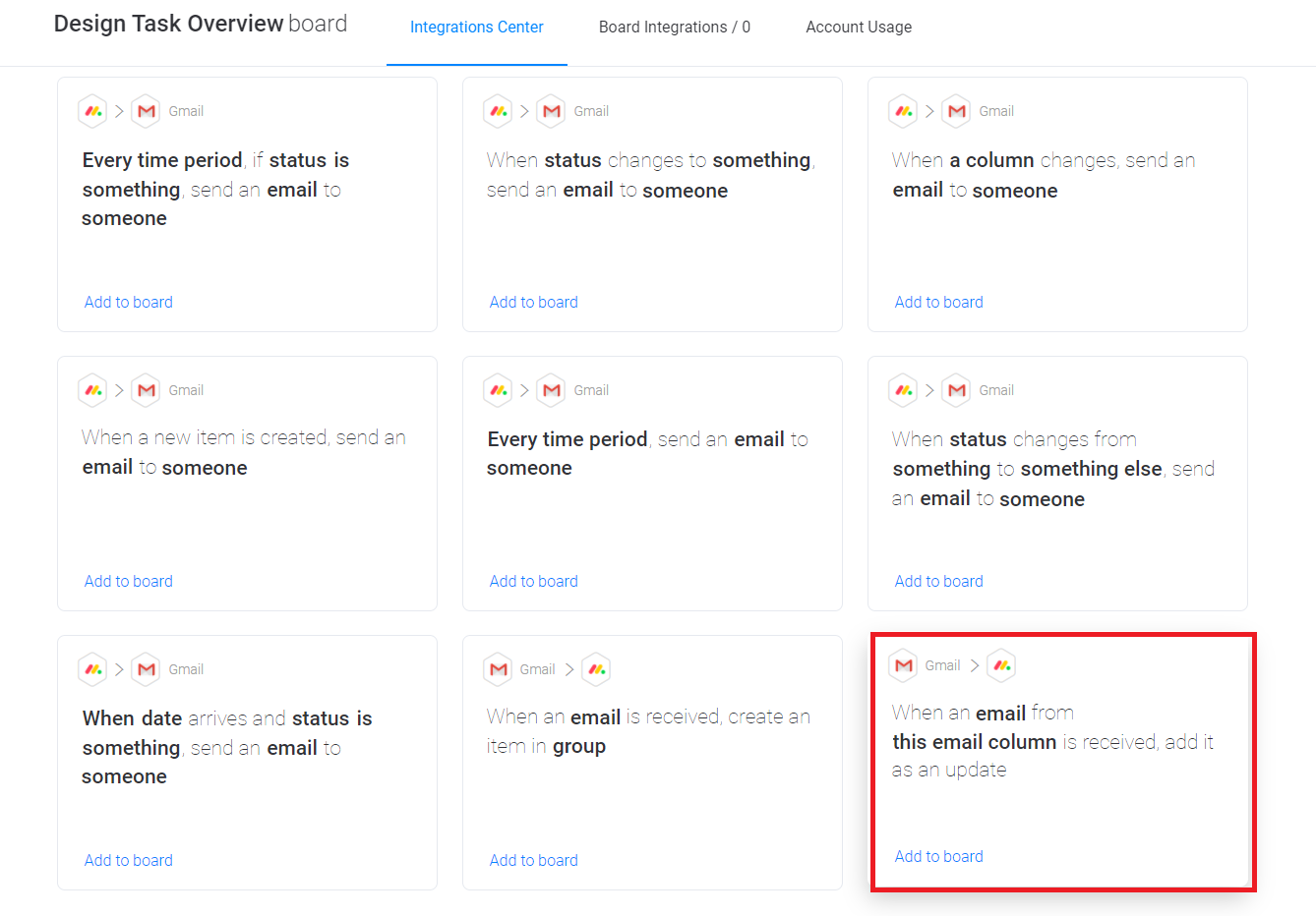 Screenshot of a Gmail integration automation in monday UI.