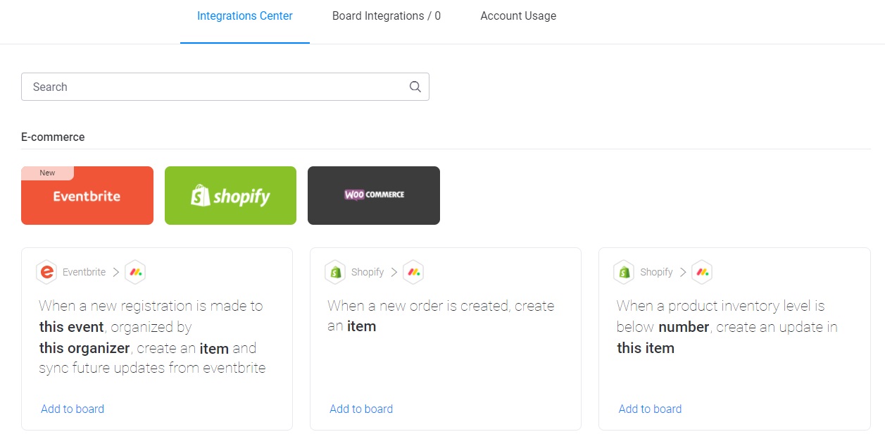A screenshot of monday e-commerce integrations.