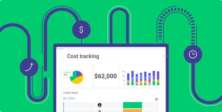 Cost tracking staging-mondaycomblog.kinsta.cloud board with green background