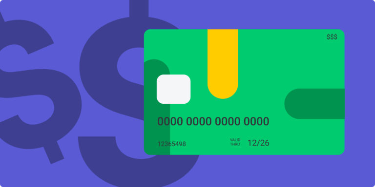 Green credit card over a purple background