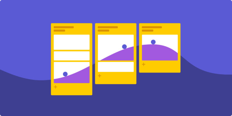 Yellow and white project cards on a purple wavy background illustrating how agile project management works.