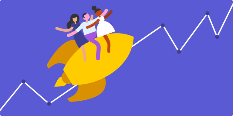 An illustration of three people riding a yellow rocket on an upwards trajectory on a purple background, highlighting how a CRM for startups can skyrocket business growth.
