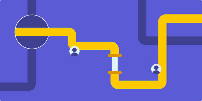 Yellow pipeline on a purple background to illustrate a CRM pipeline in monday sales CRM.