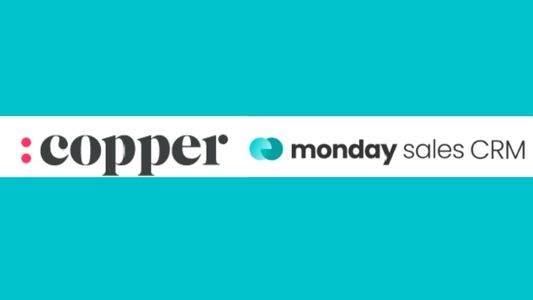 monday sales CRM and Copper CRM pricing logos on a white ribbon in the central of a teal backround.