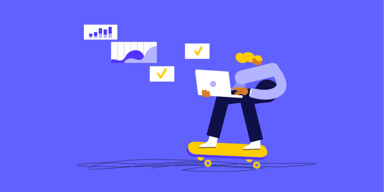 This image has a purple background and an illustration of a person riding a skateboard while using a laptop for Smartsheet project management to juggle multiple tasks and projects.