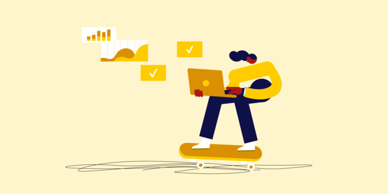 A graphic illustration on a light yellow background depicting a knowledge worker riding a skateboard while using a laptop for Asana project management.